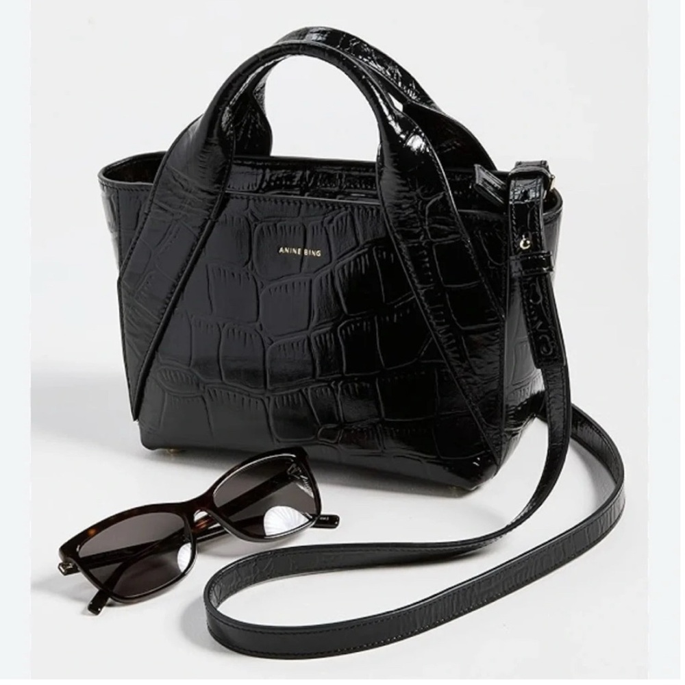 Anine Bing Mini Leather Tote Black Croc-Texture Shoulder Bag
